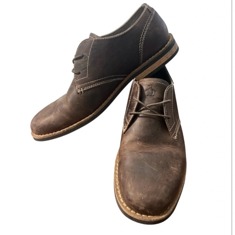 Original Penguin Brown Leather Oxfords Mens 9.5 Waylon Derby Casual Distressed